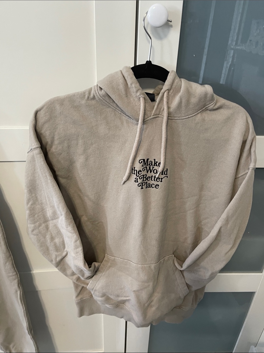 H&M Light Beige Pullover Hoodie with Black Chest Script